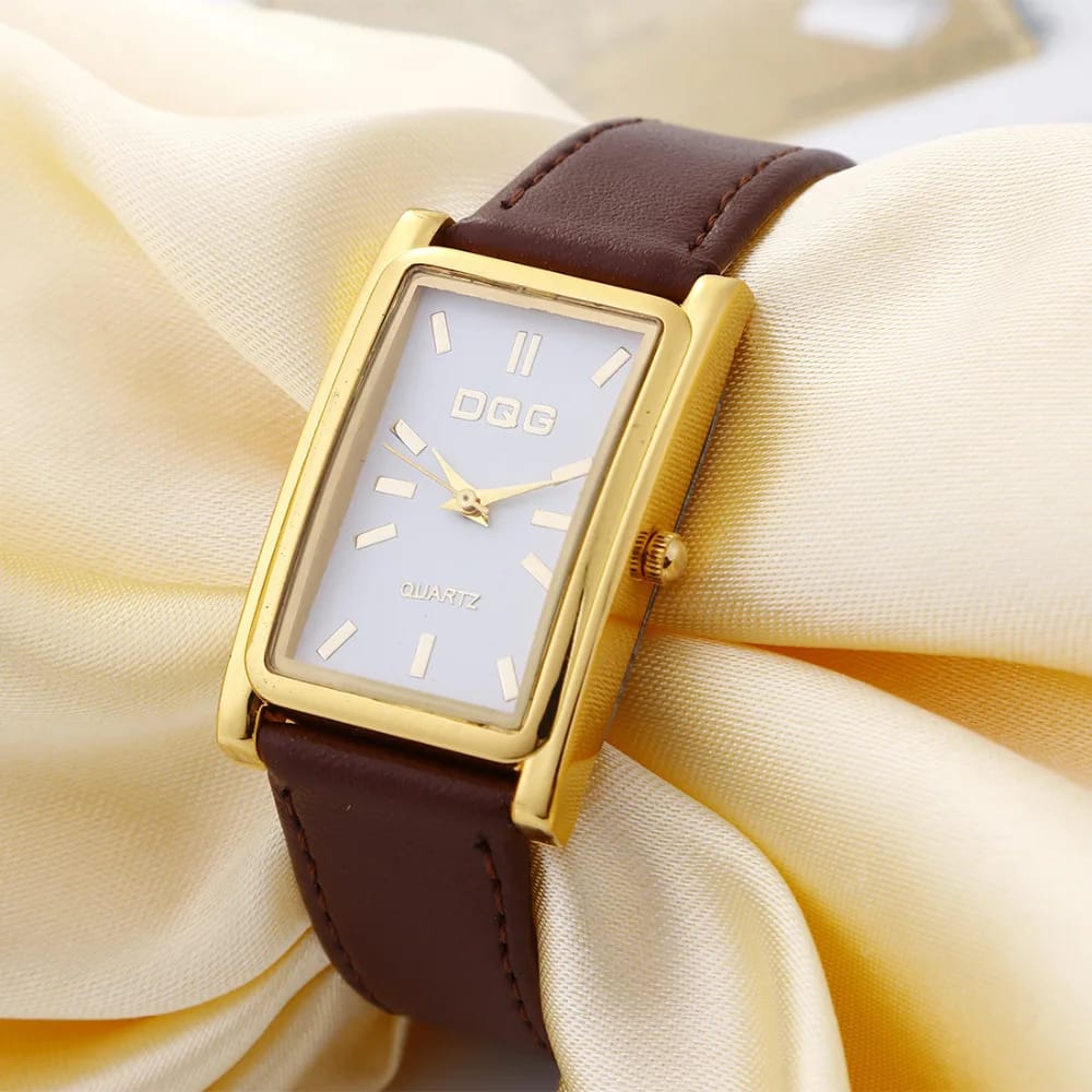 DQG Luxury Women's Rectangle Quartz Watch - Gold Dial Leather Strap Dress Watch for Business & Casual Wear thumbnail 1