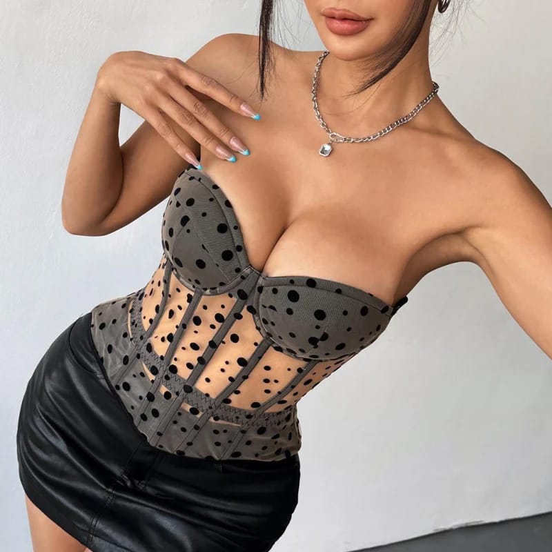 Sexy Y2K Polka Dot Sheer Bustier Crop Top - Lace-Up Corset Boned Waist Sleeveless Summer Clubbing Fashion (Black/White/Pink) thumbnail 1