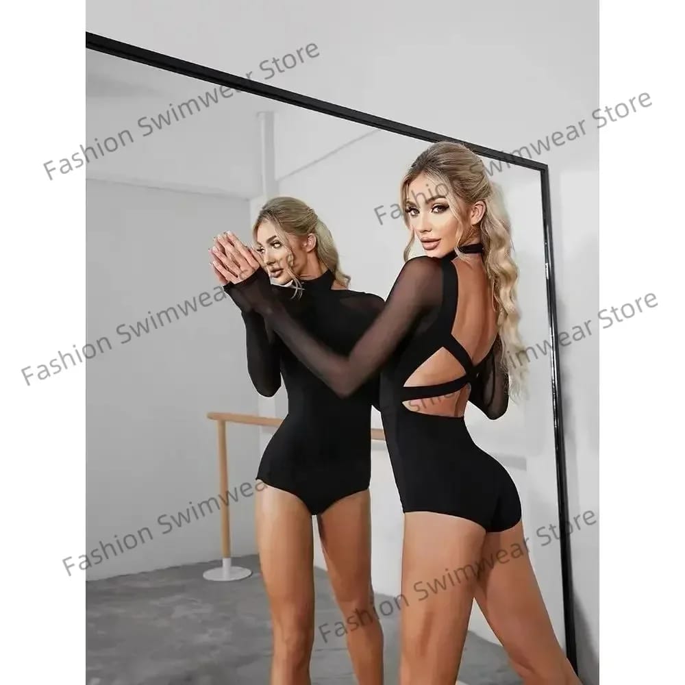 Women's Black Mesh Latin Dance Leotard Top with Conjoined Jumpsuit Design, Backless Style for Cha-cha, Samba, Rumba Training and Performance thumbnail 4
