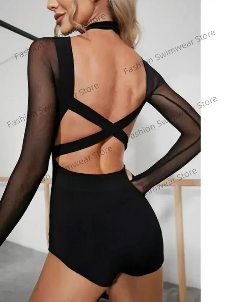 Women's Black Mesh Latin Dance Leotard Top with Conjoined Jumpsuit Design, Backless Style for Cha-cha, Samba, Rumba Training and Performance thumbnail 5