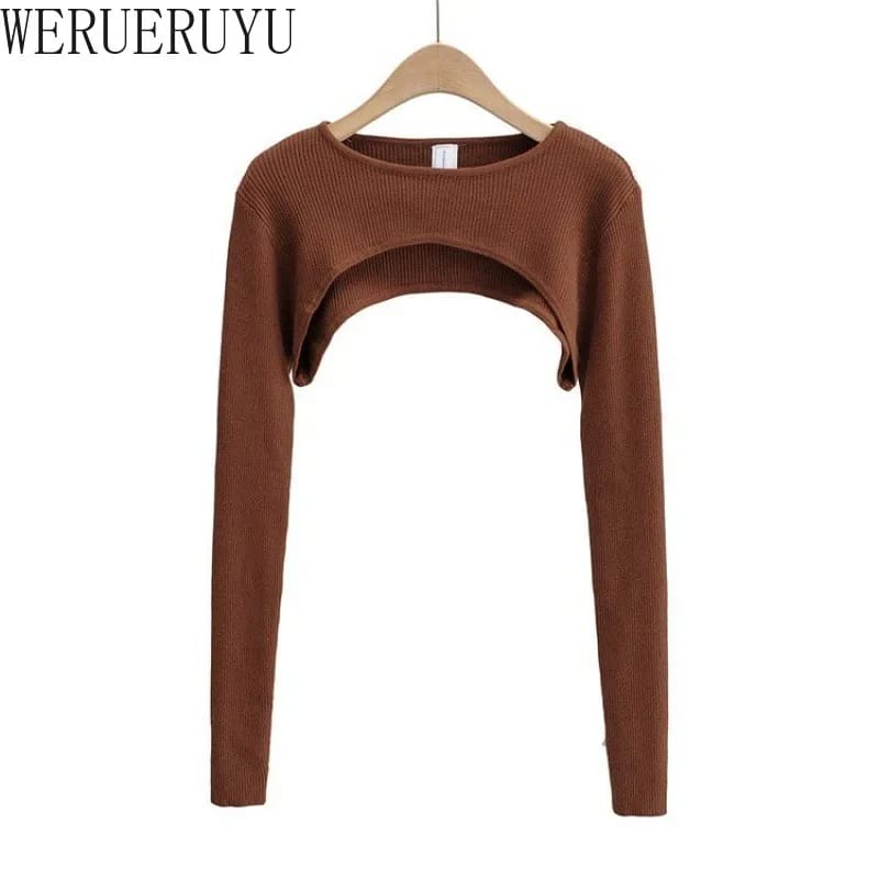 Women's Long Sleeve Crop Top - Y2k Aesthetic Knitted T-Shirt, O-Neck, Black/White, Spring/Autumn Fashion for a Chic Harajuku Look thumbnail 4