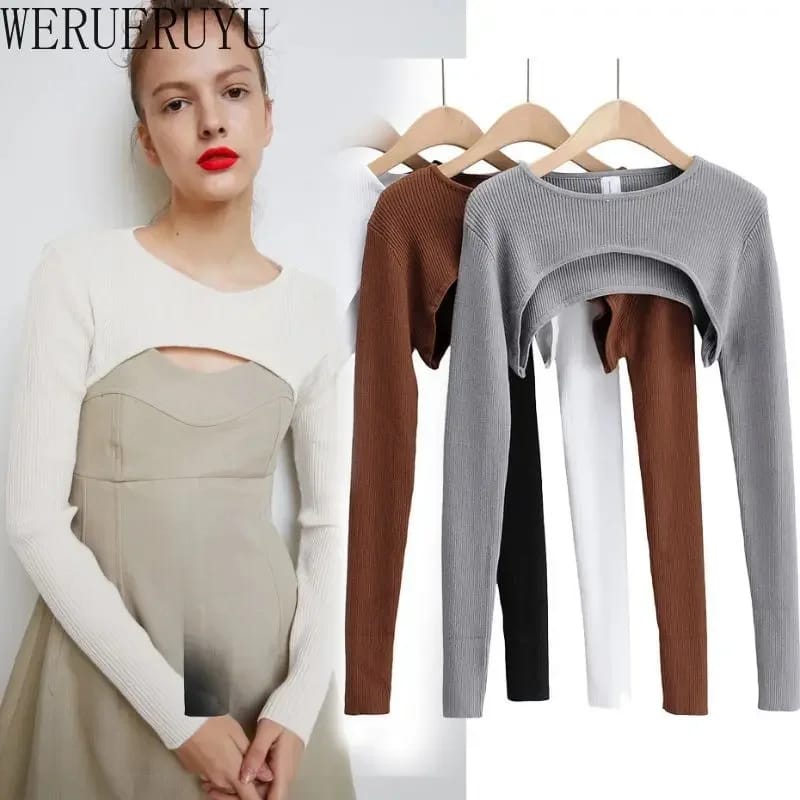 Women's Long Sleeve Crop Top - Y2k Aesthetic Knitted T-Shirt, O-Neck, Black/White, Spring/Autumn Fashion for a Chic Harajuku Look thumbnail 2