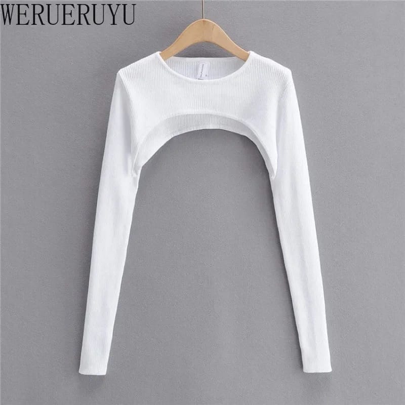 Women's Long Sleeve Crop Top - Y2k Aesthetic Knitted T-Shirt, O-Neck, Black/White, Spring/Autumn Fashion for a Chic Harajuku Look thumbnail 3
