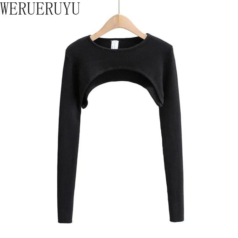 Women's Long Sleeve Crop Top - Y2k Aesthetic Knitted T-Shirt, O-Neck, Black/White, Spring/Autumn Fashion for a Chic Harajuku Look thumbnail 5