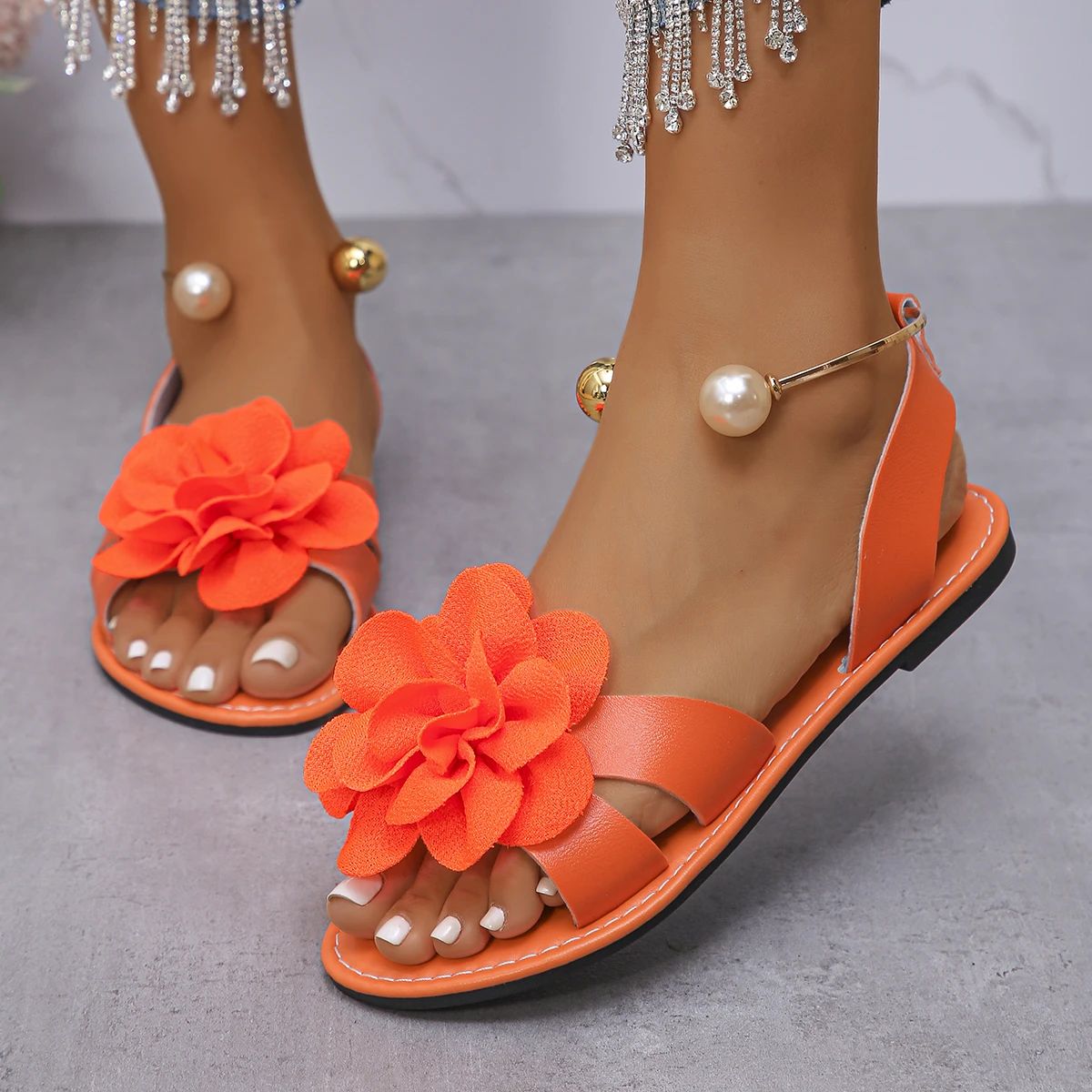 Fashion Flower Pearl Embellished Flat Sandals for Women - Summer New Solid Color Round Head Comfortable Leisure Non-slip Footwear thumbnail 5