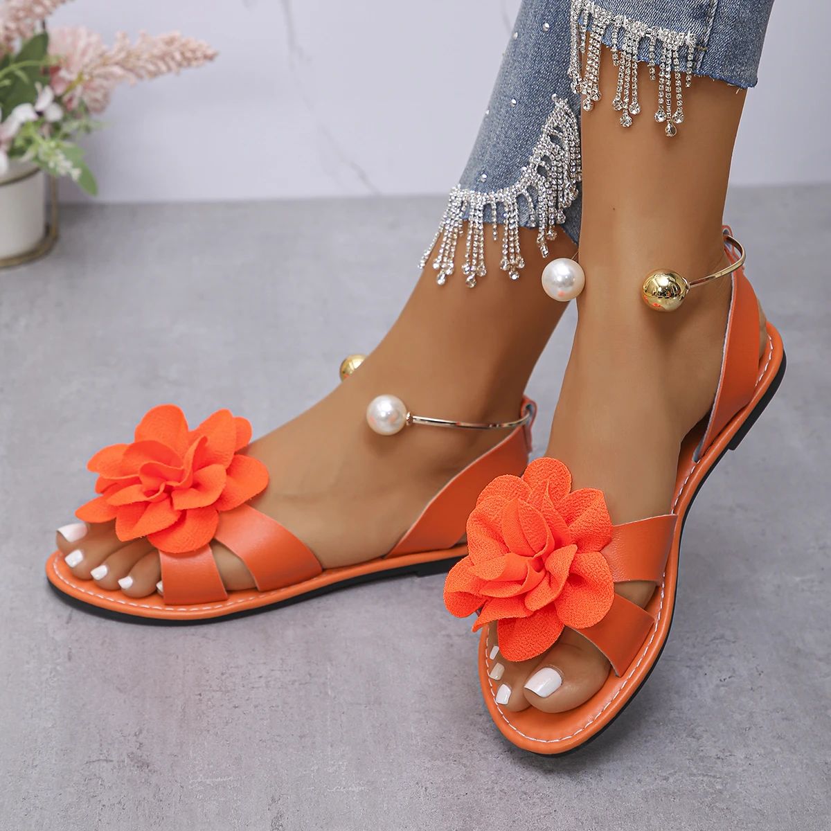 Fashion Flower Pearl Embellished Flat Sandals for Women - Summer New Solid Color Round Head Comfortable Leisure Non-slip Footwear thumbnail 4