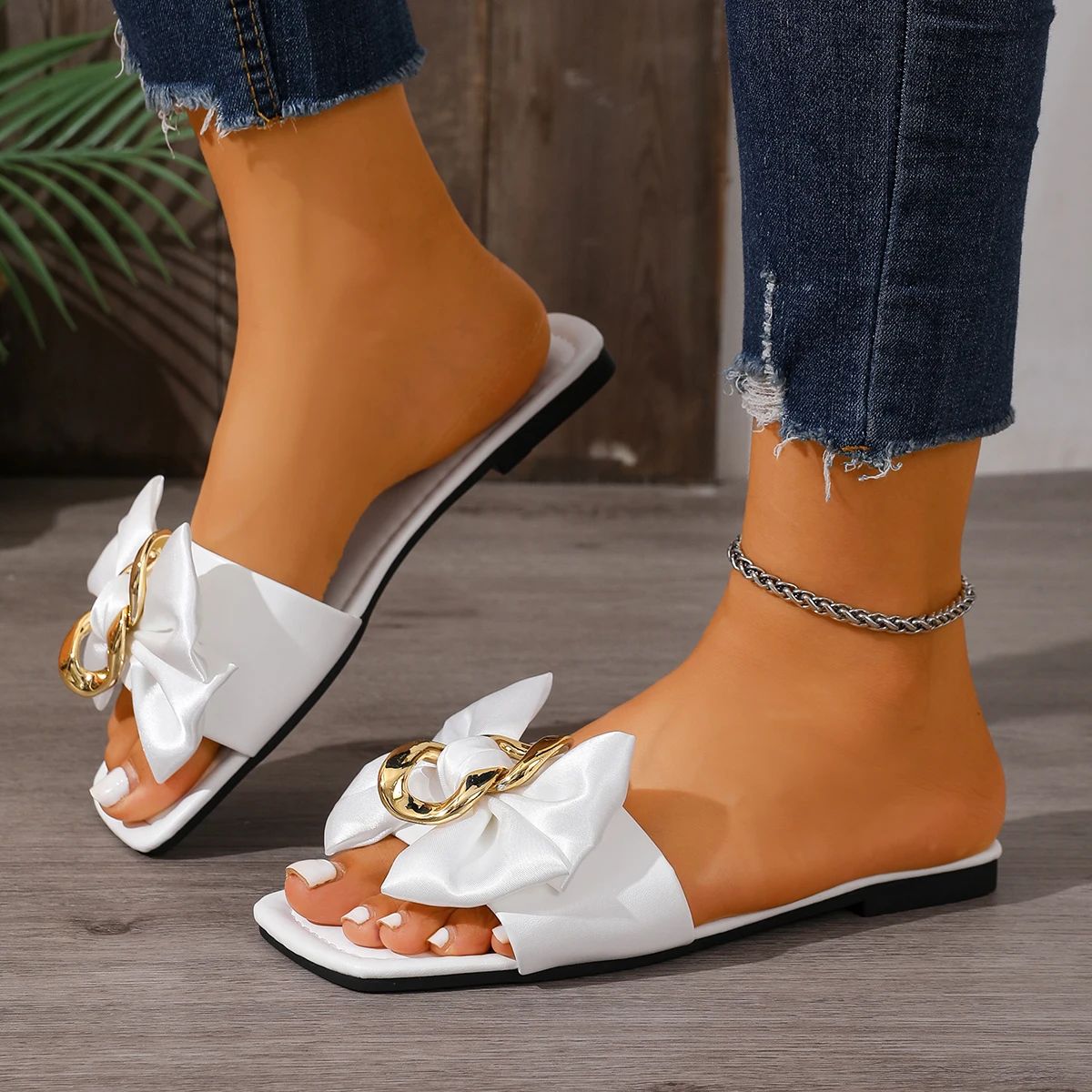 Summer Fashionable Women's Flat Slippers - Comfortable Square Head Bow Design, Anti-Slip Sole, Casual Style, Available in Large Sizes for Everyday Wear thumbnail 2