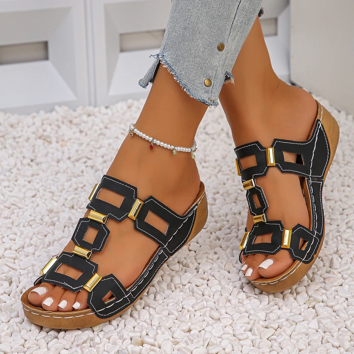 Women's Roman Style Wedge Sandals - Comfortable Open Toe Beach Slippers for Summer Outdoor Wear thumbnail 6