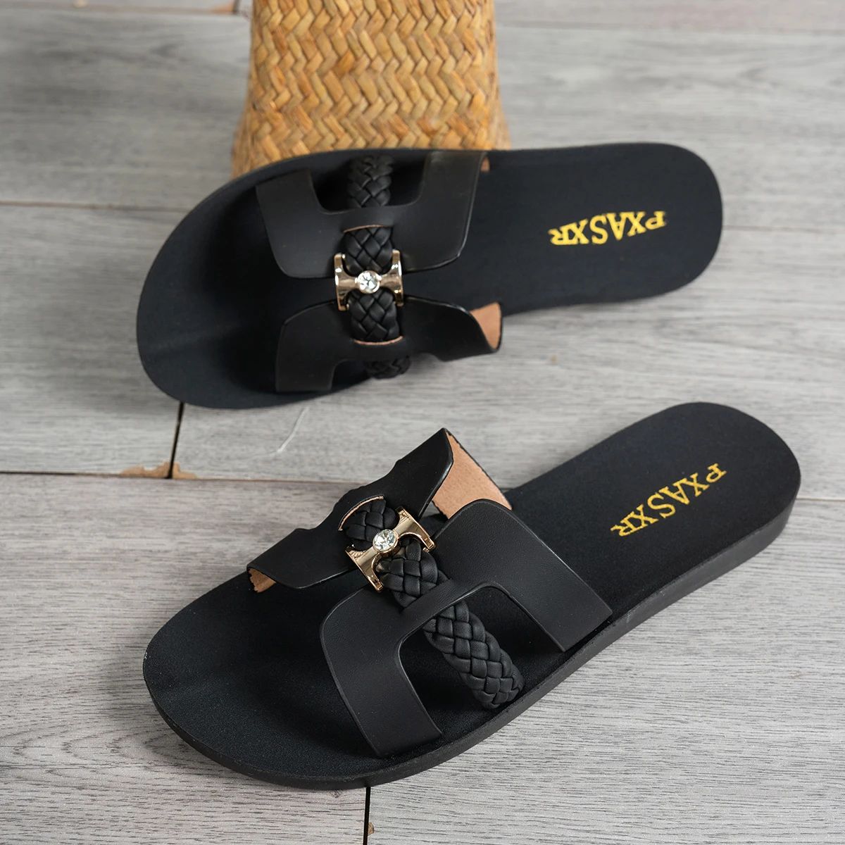 Women's Braided Strap Flat Sandals with Gold Rhinestone Buckle - Comfortable & Chic Daily Wear Shoes for Shopping & Outings thumbnail 4