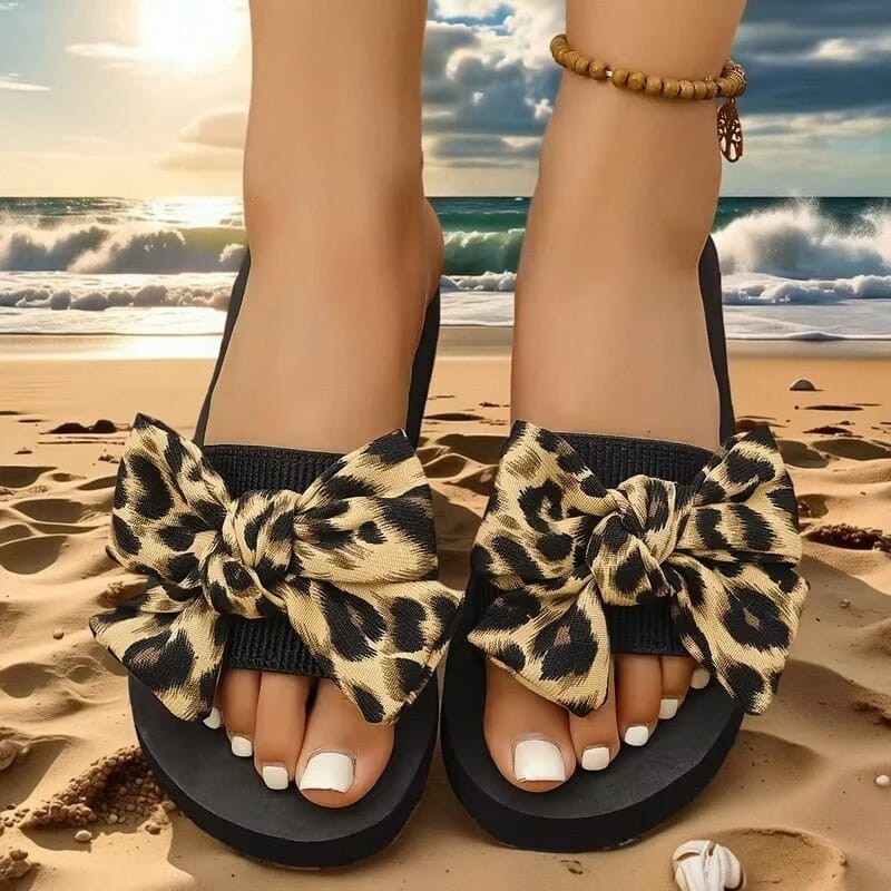 Women's Fashion Leopard Print Bow Slippers - Lightweight Comfortable Flat Slides Sandals, Summer Beach Pool Shoes, Plus Size 42 thumbnail 3