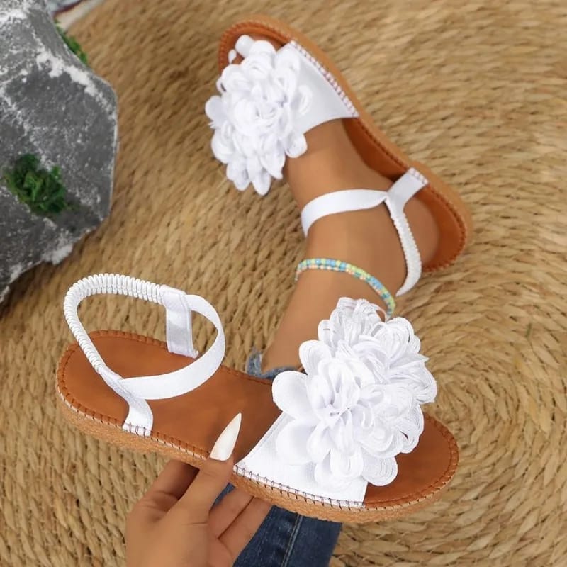 Women's White Floral Flat Sandals - Bohemian Summer Beach Casual Shoes with Elastic Ankle Strap, Open Toe Comfort Footwear for Ladies thumbnail 1