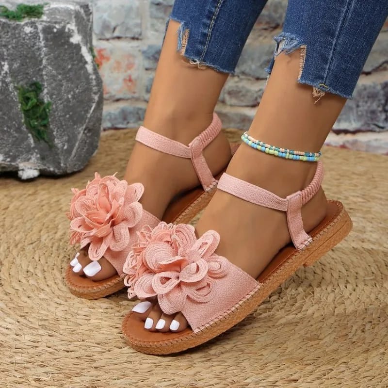 Women's White Floral Flat Sandals - Bohemian Summer Beach Casual Shoes with Elastic Ankle Strap, Open Toe Comfort Footwear for Ladies thumbnail 2