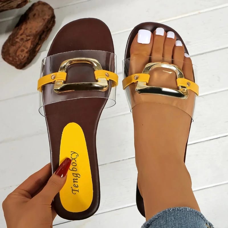 Summer 2025 Women's Fashion Flat Sandals with Metal Strap - Stylish & Comfortable Slip-On Slippers for Everyday Wear thumbnail 4