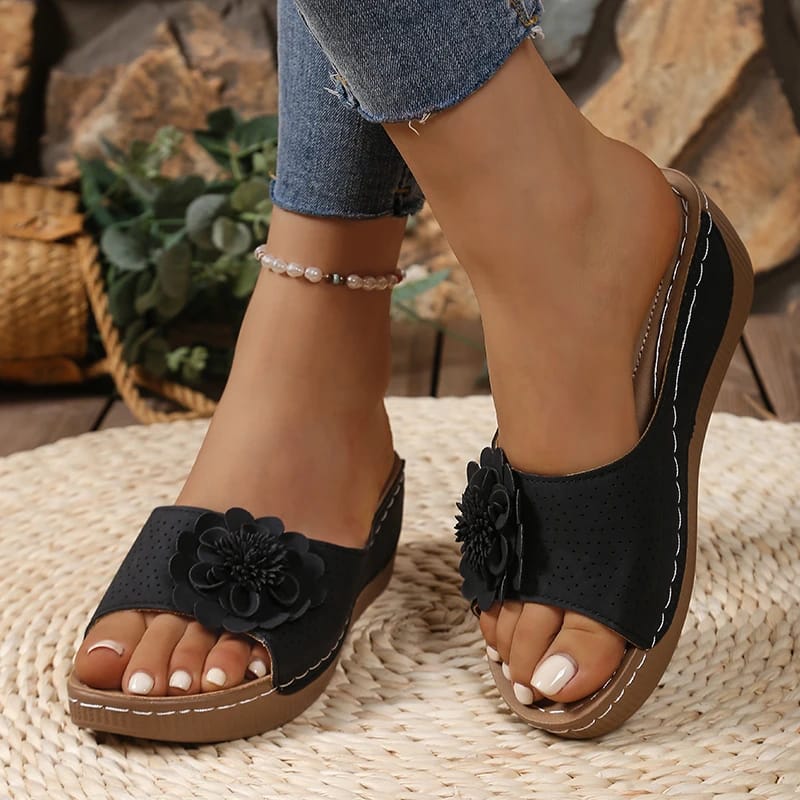 Retro Flower Wedge Slippers for Women - Summer Platform Sandals with Thick Anti-Slip Sole, Perfect for Beach and Outdoor Wear thumbnail 4