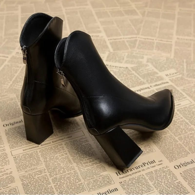 Elegant Women's Pointed Toe Ankle Boots - Fashion Square High Heel with Back Zipper, Chic Winter Footwear for Ladies thumbnail 4