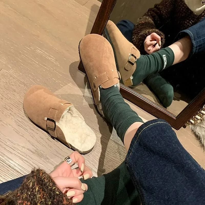 Women's Cozy Winter Fur Boston Clogs - Fashionable Cork Insole Plush Slippers with Arch Support, Warm Suede Mules for Home & Casual Wear thumbnail 3