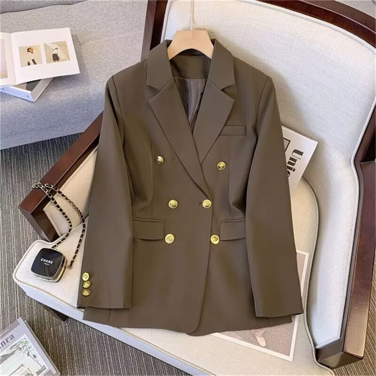 Women's Fashion Temperament Blazer - Long Sleeve Double Breasted Slim Fit Coat for Office Lady Casual Outwear, Perfect for Fall & Spring thumbnail 1