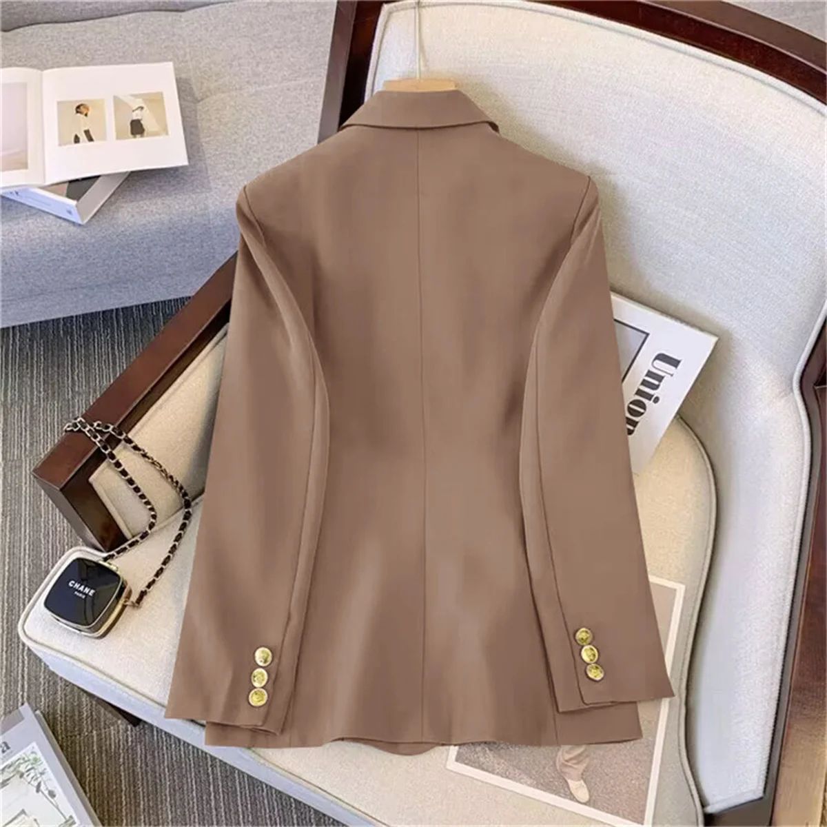 Women's Fashion Temperament Blazer - Long Sleeve Double Breasted Slim Fit Coat for Office Lady Casual Outwear, Perfect for Fall & Spring thumbnail 5
