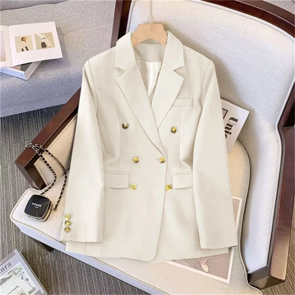 Women's Fashion Temperament Blazer - Long Sleeve Double Breasted Slim Fit Coat for Office Lady Casual Outwear, Perfect for Fall & Spring thumbnail 6