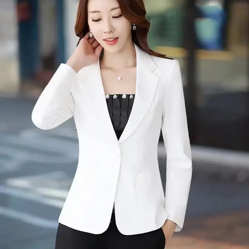 Women's Pink Slim Fit Blazer Jacket - Korean Style Casual Chic Elegant Short Sleeve Top for Spring/Autumn thumbnail 5