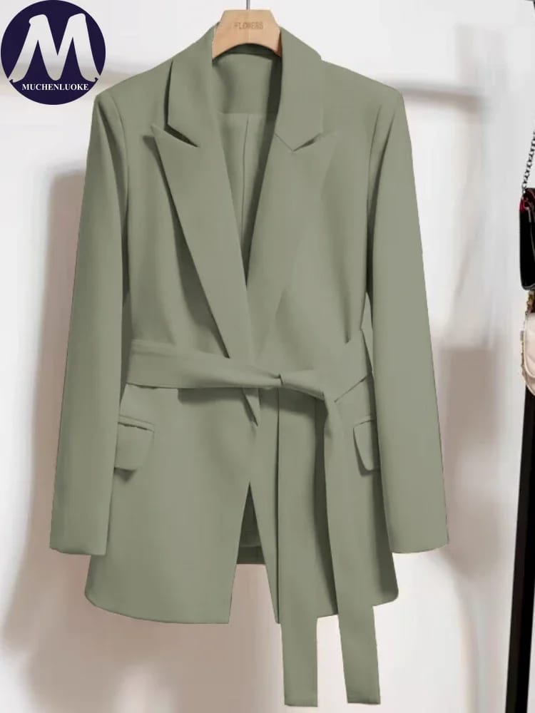 Women's Long Sleeve Lace-Up Blazer Top - Loose Fit Casual Office Wear, Korean Fashion Style for Spring & Autumn thumbnail 2