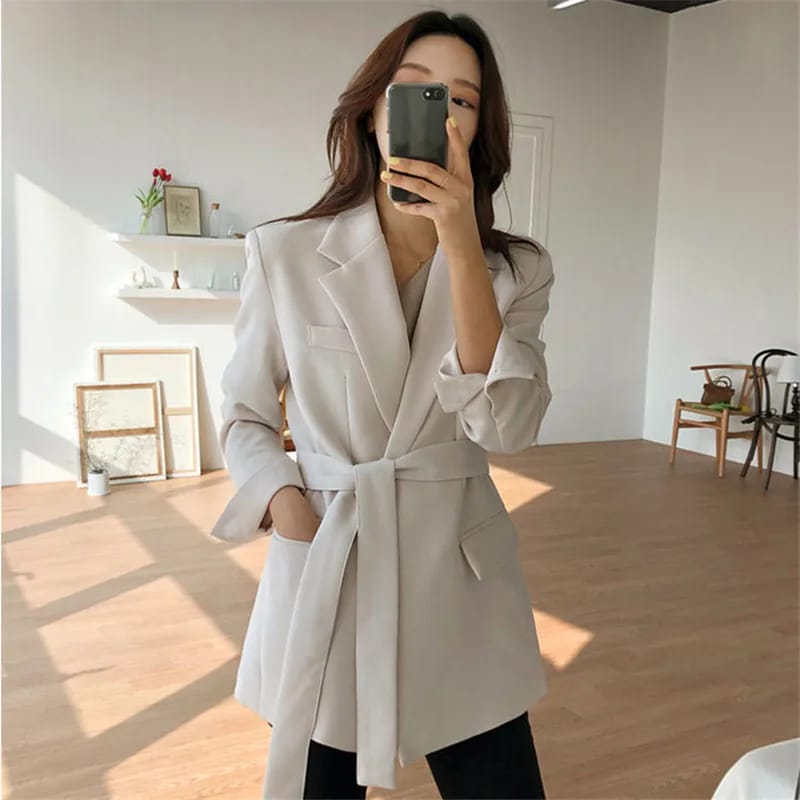 Women's Pink Korean Style Blazer Jacket - Medium Length, British Casual Personality, Spring/Autumn Fashion with Belt Detail thumbnail 4
