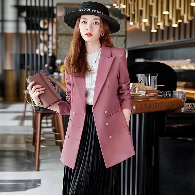 Women's Double-Breasted Solid Color Blazer Jacket 2025 New Arrival - Elegant Notched Loose Fit OL Style Winter Coat for Professional & Casual Wear thumbnail 2