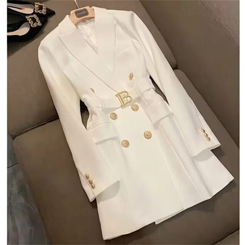 Elegant Women's Double Breasted Long Coat - British Style Suit Collar Windbreaker for Spring Commuting, Polyester, 50-65cm Length thumbnail 1