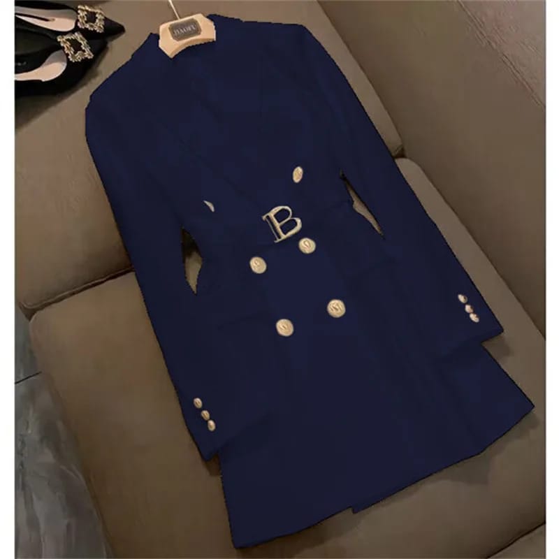 Elegant Women's Double Breasted Long Coat - British Style Suit Collar Windbreaker for Spring Commuting, Polyester, 50-65cm Length thumbnail 3