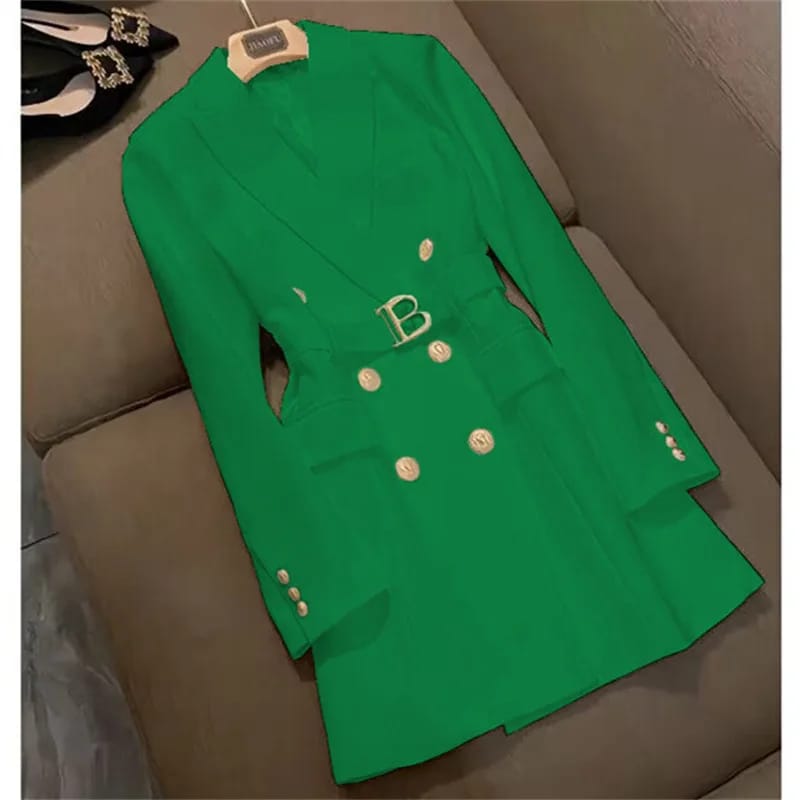 Elegant Women's Double Breasted Long Coat - British Style Suit Collar Windbreaker for Spring Commuting, Polyester, 50-65cm Length thumbnail 4