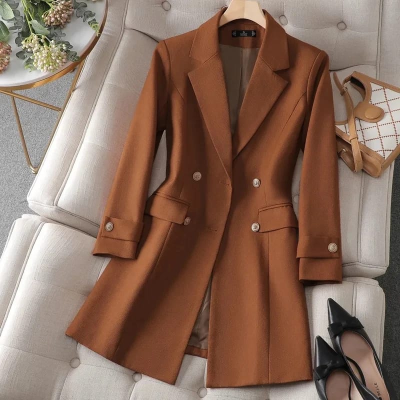 Women's Long Blazer Jacket - Autumn Winter Office Formal Business Work Wear Coat in Khaki, Coffee, Black thumbnail 1