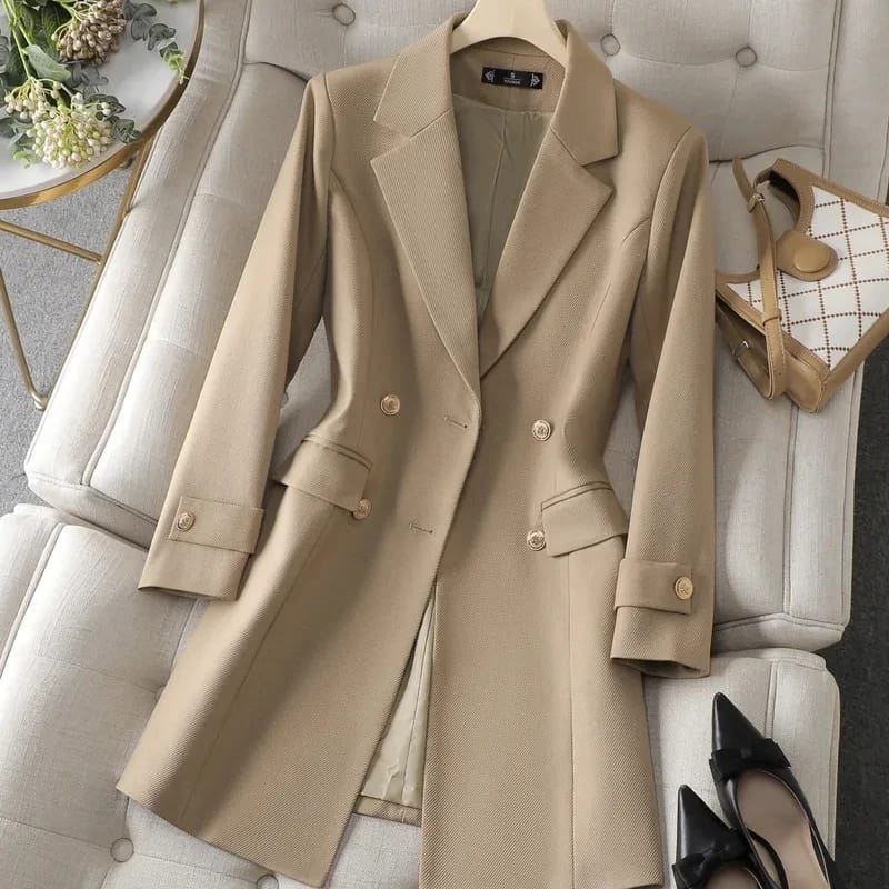 Women's Long Blazer Jacket - Autumn Winter Office Formal Business Work Wear Coat in Khaki, Coffee, Black thumbnail 3