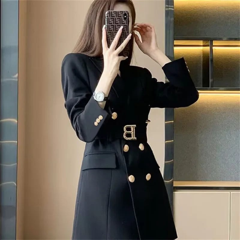 Korean Style Slimming Women's Double-Breasted Blazer Jacket - Polyester Casual Slim Fit Waist-Cinched Spring Autumn Outerwear thumbnail 1