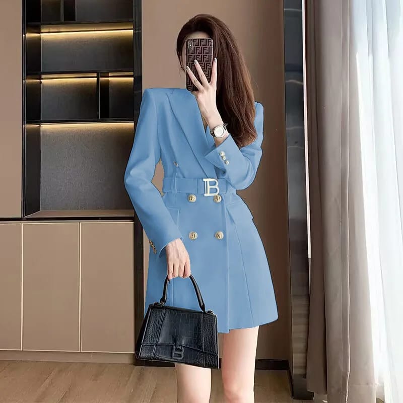 Korean Style Slimming Women's Double-Breasted Blazer Jacket - Polyester Casual Slim Fit Waist-Cinched Spring Autumn Outerwear thumbnail 4