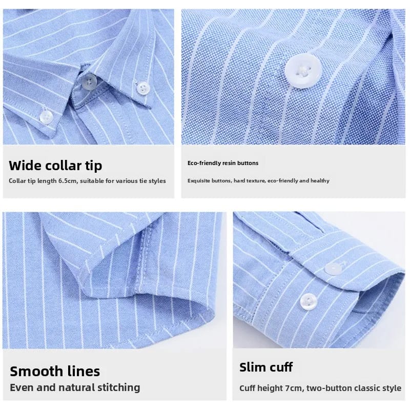 Men's Korean Style Oxford Cotton Long Sleeve Shirt - Versatile Striped Pattern, No Ironing Casual Wear for Youth thumbnail 2