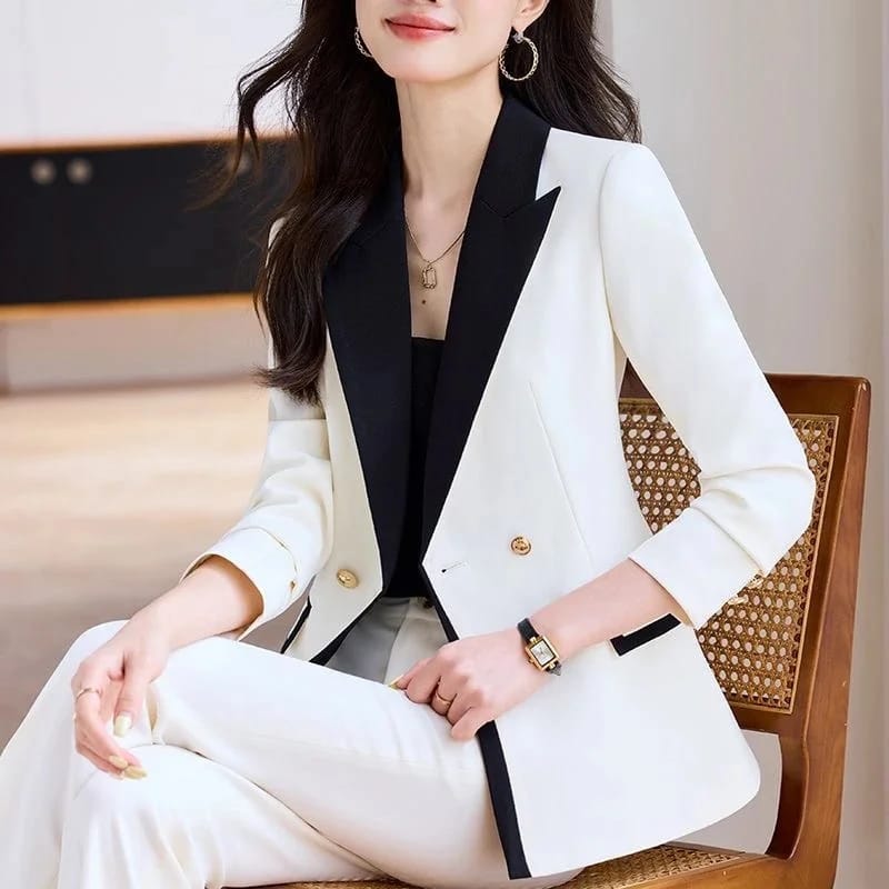 Women's Autumn Contrast Color Double Breasted Notched Loose Fit Blazer Coat - Stylish Long Sleeve Office Jacket for Fashionable Ladies thumbnail 5
