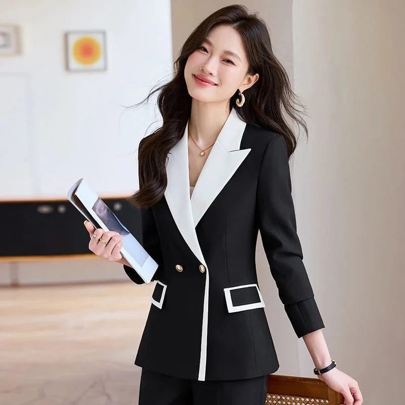 Women's Autumn Contrast Color Double Breasted Notched Loose Fit Blazer Coat - Stylish Long Sleeve Office Jacket for Fashionable Ladies thumbnail 4