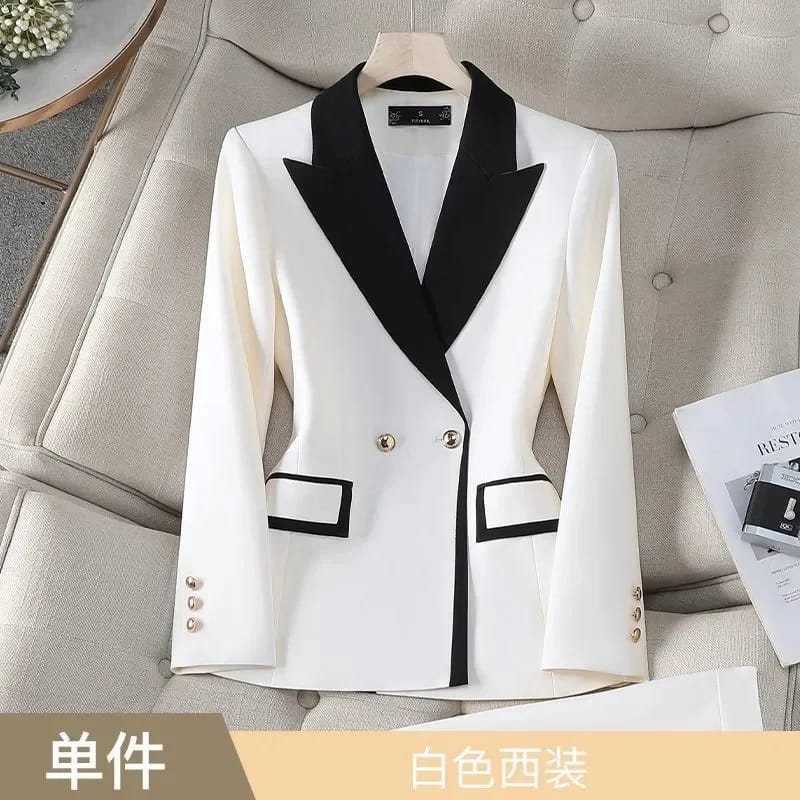Women's Autumn Contrast Color Double Breasted Notched Loose Fit Blazer Coat - Stylish Long Sleeve Office Jacket for Fashionable Ladies thumbnail 1