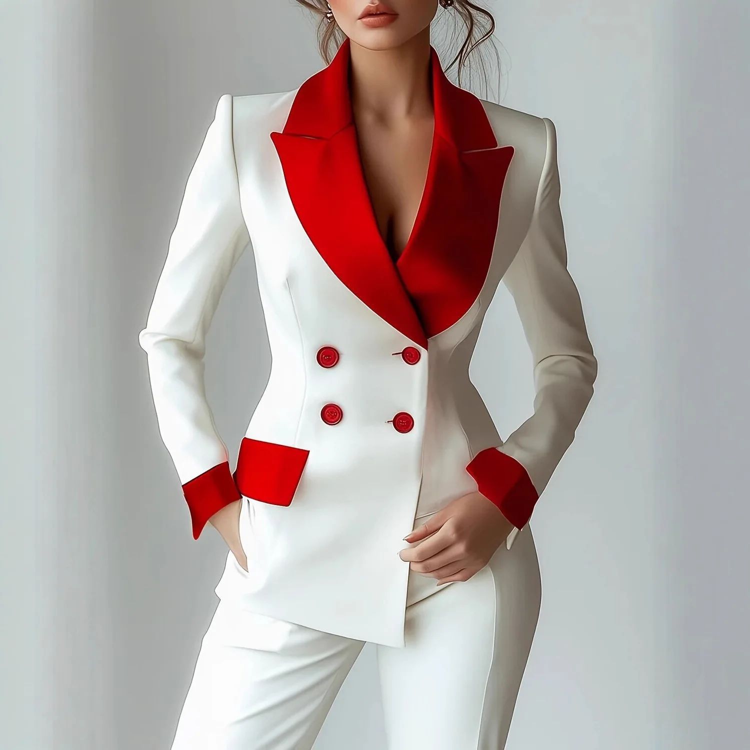 Women's Patchwork Long Sleeve Suit Jacket Set - Autumn/Winter Polyester Blend, Comfortable Casual Commute Style, Double-Breasted, Color Block, Petal Sleeves thumbnail 4