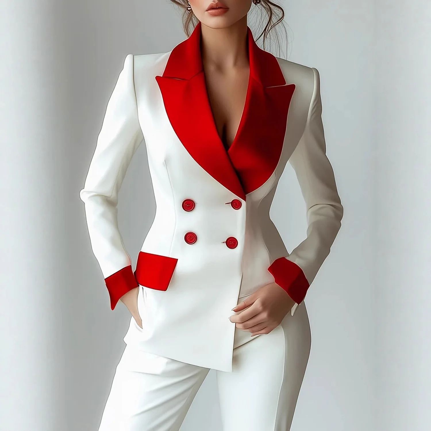 Women's Patchwork Long Sleeve Suit Jacket Set - Autumn/Winter Polyester Blend, Comfortable Casual Commute Style, Double-Breasted, Color Block, Petal Sleeves thumbnail 2