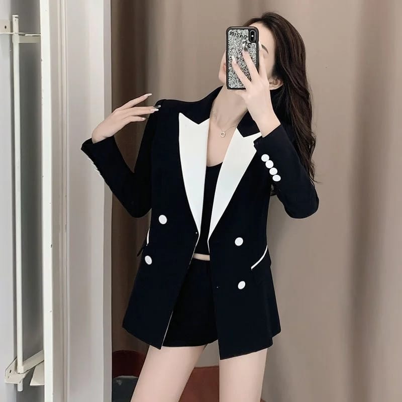 Women's Contrast Color Blazer Jacket - Stylish Autumn Trench Coat Design for Fashionable Ladies thumbnail 3