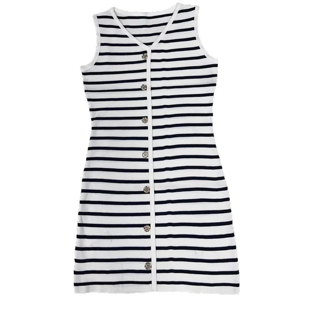 Elegant V-Neck Sleeveless Knitted Mini Dress for Women - Slim Fit Stripe Design, Summer Fashion, Casual Party Wear thumbnail 5
