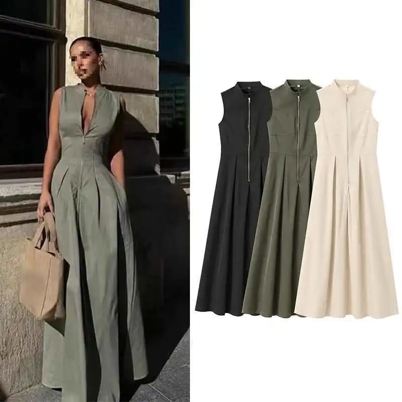Elegant French Style Sleeveless Midi Dress for Women, Round Neck, Cinched Waist, A-Line Silhouette, Polyester Fabric, Street Trend Design thumbnail 1