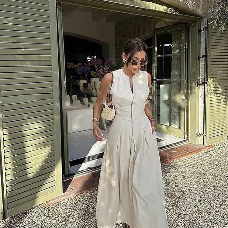 Elegant French Style Sleeveless Midi Dress for Women, Round Neck, Cinched Waist, A-Line Silhouette, Polyester Fabric, Street Trend Design thumbnail 3