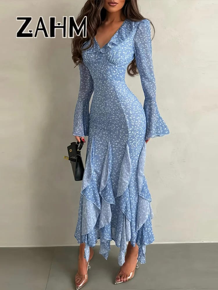 Chic Printed V-Neck Ruffle Bell Sleeve Maxi Dress for Women - Elegant Slim Fit Summer Vacation Robe thumbnail 3