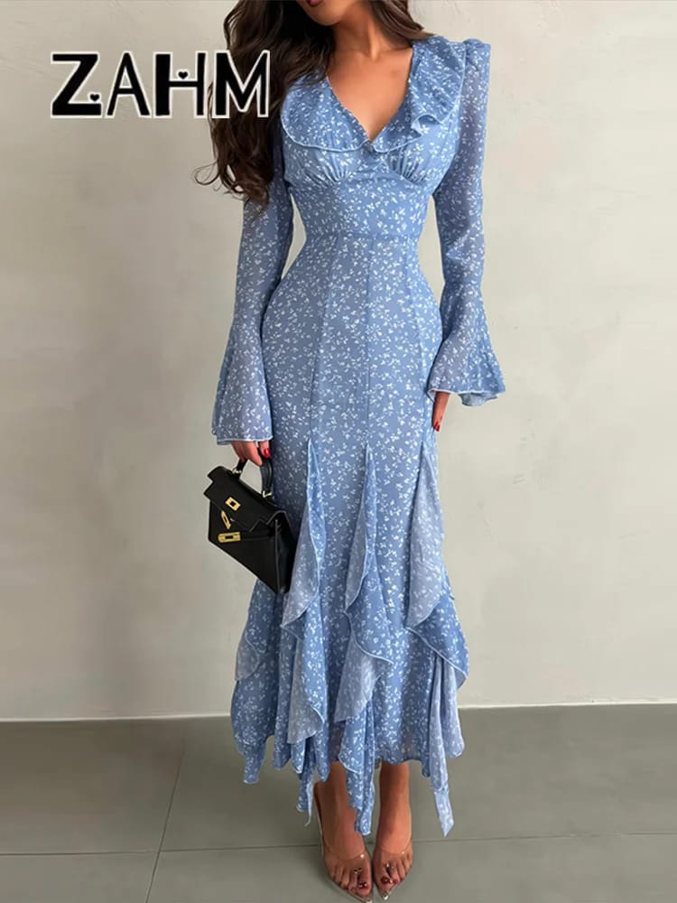 Chic Printed V-Neck Ruffle Bell Sleeve Maxi Dress for Women - Elegant Slim Fit Summer Vacation Robe thumbnail 4