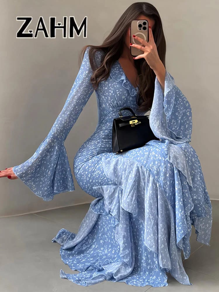 Chic Printed V-Neck Ruffle Bell Sleeve Maxi Dress for Women - Elegant Slim Fit Summer Vacation Robe thumbnail 1