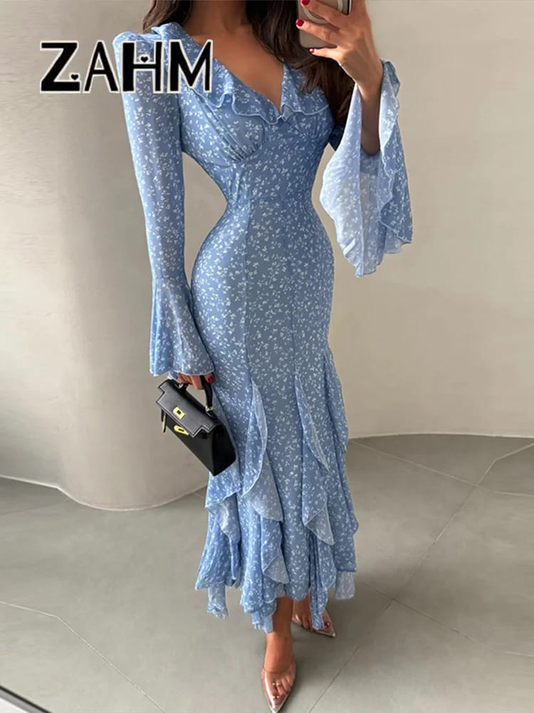 Chic Printed V-Neck Ruffle Bell Sleeve Maxi Dress for Women - Elegant Slim Fit Summer Vacation Robe thumbnail 6