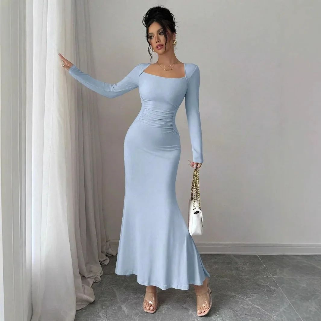 Elegant Long Sleeve Fish Tail Dress for Women - Slim Fit Sexy Ankle Gown, Quality Construction, Fashionable Square Neckline, Perfect for Special Occasions thumbnail 4