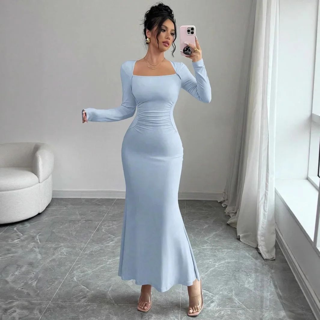 Elegant Long Sleeve Fish Tail Dress for Women - Slim Fit Sexy Ankle Gown, Quality Construction, Fashionable Square Neckline, Perfect for Special Occasions thumbnail 1